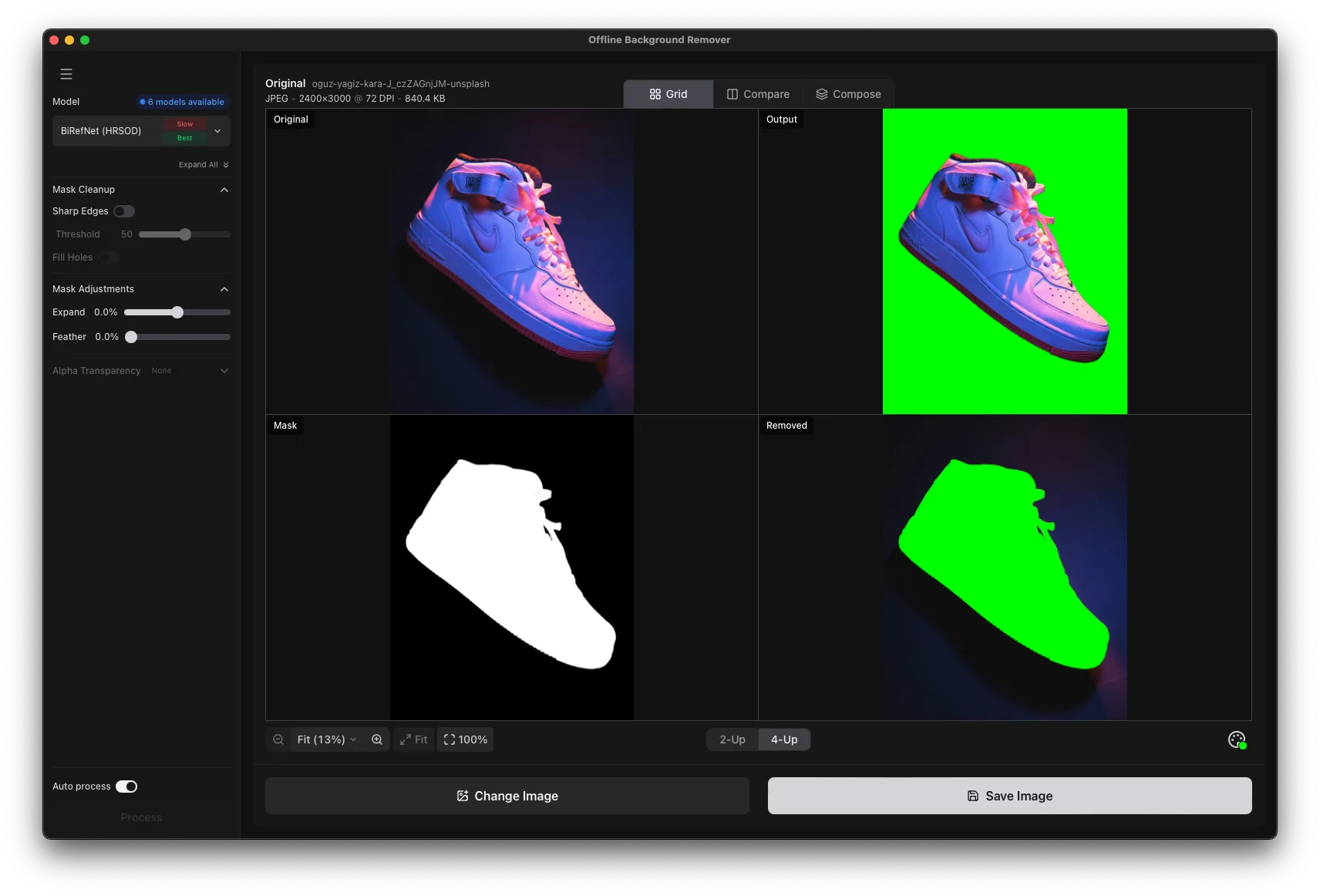 Four-up view comparing original, output, mask, and removed views